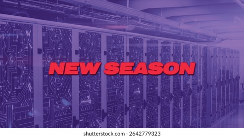 Displaying bold red NEW SEASON overlay spanning data center, with server racks, cooling ducts. Technology, data, infrastructure, cybersecurity, networking, automation, industrial