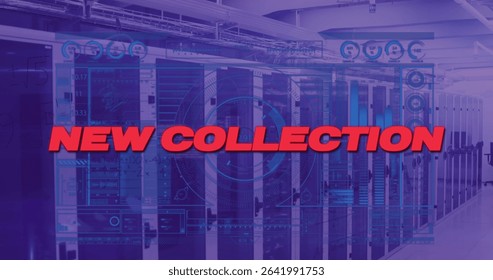 Displaying bold red text reading NEW COLLECTION in server room, with racks, interface overlays. Technology, data center, digital, cybersecurity, server infrastructure, futuristic, network