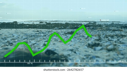 Displaying bright green line chart fluctuating data on rocky beach by sea, grid with ticks, labels. Analytics, data visualization, finance, educational, technological, outdoor, abstract