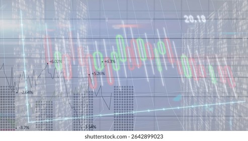 Displaying candlestick bars and line graph over urban skyline at night, with percentage labels. Financial, data, analytics, futuristic, technology, digital, urban