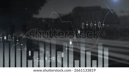 Displaying candlestick chart bars, red blue moving averages over rail tracks with train silhouette. Financial analysis, stock market, technical indicators, trading platform, data visualization,
