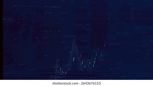 Displaying candlestick chart on trading platform, with dotted line, numeric labels, grid overlay. Financial, analytics, data visualization, technology, investment, digital interface, business