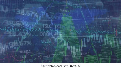 Displaying candlestick line graphs, dotted trend lines, % and TSLC ORON on trading UI, grid overlay. Finance, technology, analytics, data visualization, dashboard, investment, market trends