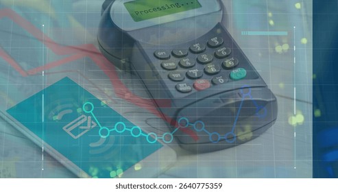 Displaying card payment terminal processing sale on tabletop, with smartphone and overlay graphics. Finance, technology, analytics, commerce, digital, data visualization, modern