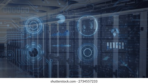 Displaying centered black server cabinets in data center aisle, showing blue HUD, LEDs, cable trays. Rack, facility, futuristic, monitoring, visualization, overlay, reflective