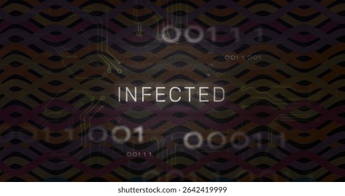 Displaying centered INFECTED text glowing over cyber interface, with green circuits, binary code. Cybersecurity, digital, technology, network, glitch, data, innovation