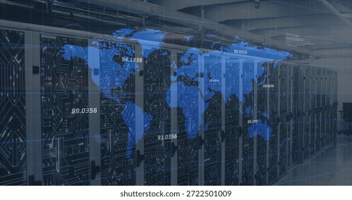 Displaying centered server racks in data center projecting blue world map, numeric labels, LEDs. Cabinet, aisle, cyan, hightech, globe, overlay, monitoring