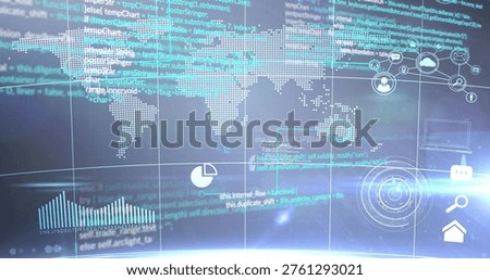 Displaying centered world map streaming code with bar and pie chart icons in virtual dashboard. Globe, data, streams, analytics, interface, widgets, cloud