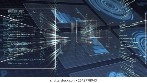 Displaying central 3D grid structure glowing in data hub, with floating code windows and bar charts. Technology, data visualization, digital interface, cyber security, futuristic, analytics, virtual