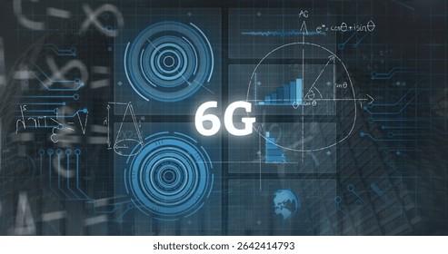 Displaying central 6G text on abstract interface scene, with HUD elements, translucent data panels. Technology, digital, innovation, futuristic, data, interface, visualization
