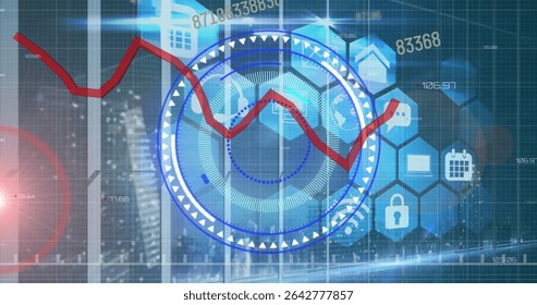 Displaying central blue HUD over nighttime skyline, showing red line graph and hex icons for data. Technology, data visualization, futurism, finance, digital interface, innovation, urban