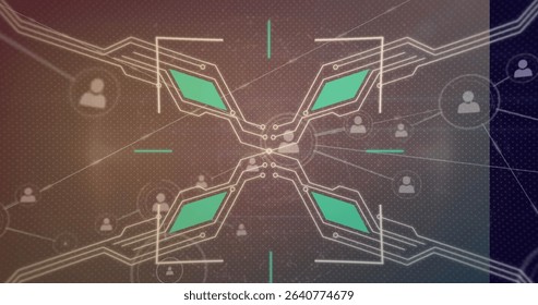 Displaying central circuit interface on digital screen, with green polygon panels and user icons. Technology, cybersecurity, innovation, digital, data, network, connectivity