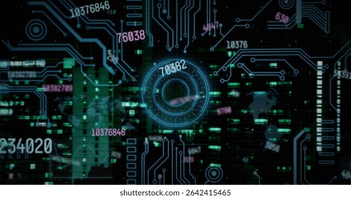 Displaying central circular holographic display over urban skyline, with neon blue circuit lines. Futuristic, interface, technology, neon, data, monitoring, virtual