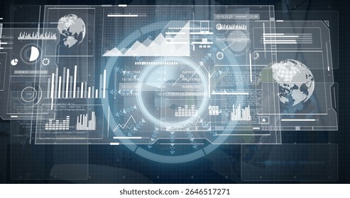 Displaying central circular HUD glowing above dashboard, with holographic panels and bar charts. Futuristic, technology, data visualization, digital, innovation, interface, virtual