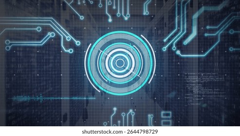 Displaying central circular HUD interface in data center corridor, with circuit patterns and grid. Futuristic, technology, interface, digital, cybersecurity, network, high-tech - Powered by Shutterstock - Get 15% off with code: PIKWIZARD15