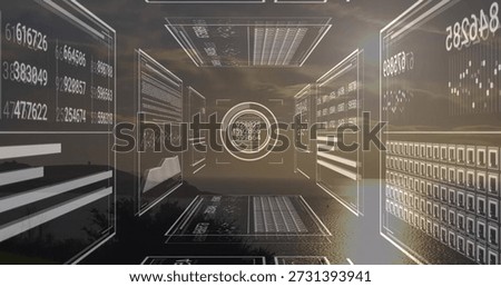 Displaying central circular HUD with three readouts, panels forming corridor over dusky horizon. Holographic, futuristic, analytics, visualization, reflective, grid, amber