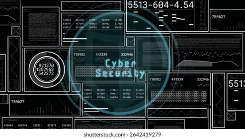 Displaying central circular overlay highlighting Cyber text on computer dashboard, with data panels. Technology, digital, interface, analytics, cybersecurity, data visualization, futuristic
