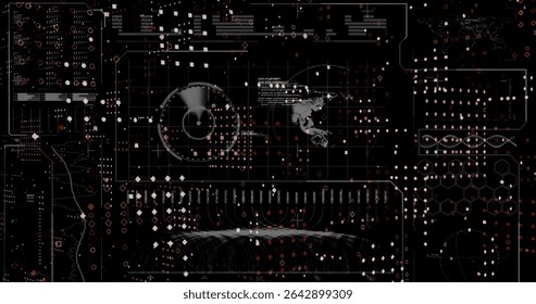 Displaying central circular radar chart rotating on digital dashboard, with world map overlay. Futuristic, data visualization, interface, technology, analytics, infographic, digital