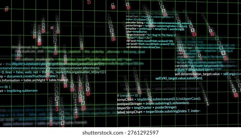 Displaying central code and binary cluster flowing over green grid, with UI glyphs and waves. Lattice, matrix, neon, cyber, visualization, circuitry, interface - Powered by Shutterstock - Get 15% off with code: PIKWIZARD15