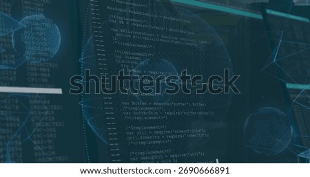 Displaying central code editor showing JavaScript variables in tech space, with 3D wireframe globes. Technology, programming, cyberspace, digital, innovation, connectivity, futuristic