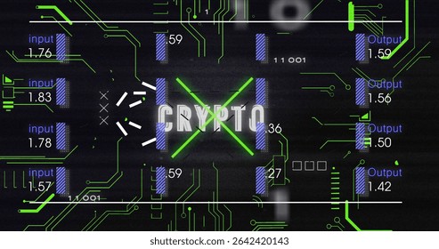 Displaying central CRYPTO text glowing on neon green X in virtual interface, with circuit traces. Digital, futuristic, technology, blockchain, data, cyber, network