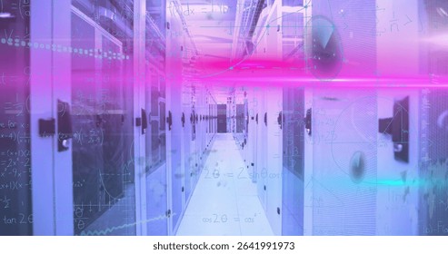 Displaying central data center aisle featuring server racks and neon beams, with floating formulas. Futuristic, technology, industry, innovation, digital, cybersecurity, urban