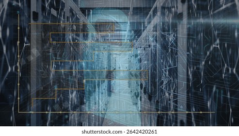 Displaying central data center aisle featuring holographic network overlay, with server racks. Technology, cybersecurity, innovation, digital, data, connectivity, futuristic