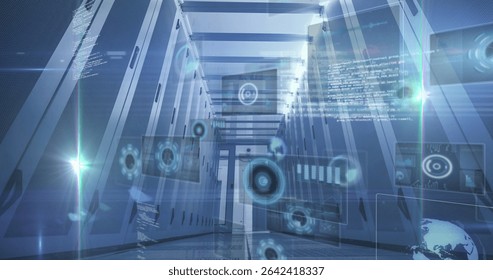 Displaying central data center corridor with server racks and floating holographic UI elements. Futuristic, technology, digital, network, infrastructure, innovation, modern