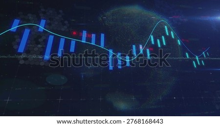 Displaying central data chart on dashboard, showing blue candles, cyan trend, red numeric labels. Neon, futuristic, visualization, candlestick, analytics, gridlines, hexagonal