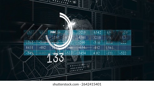 Displaying central data panel on control interface, with world map, blue data table, gauge 133. Technology, analytics, interface, digital, data, visualization, futuristic