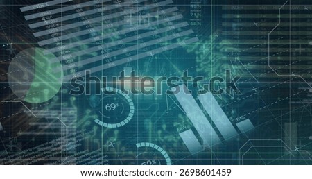 Displaying central data visualization in futuristic control room, with bar graphs and gauges. Technology, analytics, innovation, digital, data, finance, graph