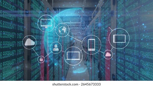 Displaying central digital network overlay spanning data center aisle, with globe connected icons. Technology, data, cloud, cybersecurity, infrastructure, connectivity, digital