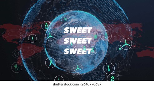 Displaying central globe glowing at data network, with green energy icons and SWEET text overlay. Technology, connectivity, innovation, sustainability, digital, futuristic, data visualization