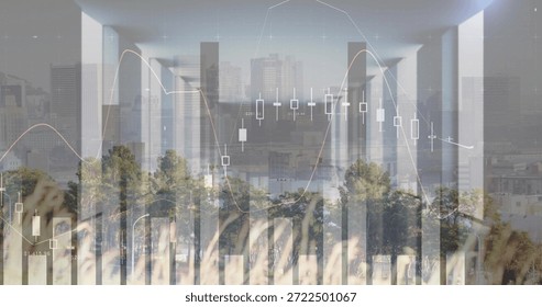 Displaying central graphic and column sequence over urban park corridor, with candlestick charts. Cityscape, skyline, greenspace, architecture, gridlines, translucent, overlay