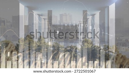 Displaying central graphic and column sequence over urban park corridor, with candlestick charts. Cityscape, skyline, greenspace, architecture, gridlines, translucent, overlay