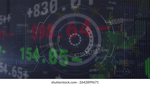 Displaying central HUD display over trading interface, candlestick charts and numeric tickers. Futuristic, analytics, visualization, dashboard, technology, finance, digital