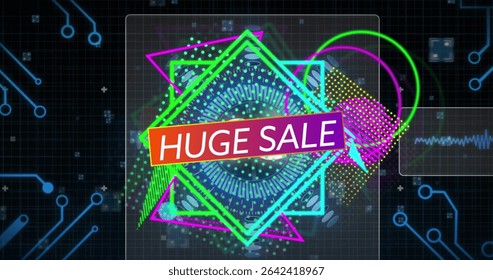 Displaying central 'HUGE SALE' banner overlaying digital grid with circuit lines, with neon shapes. Futuristic, technology, promotion, vibrant, abstract, digital, neon