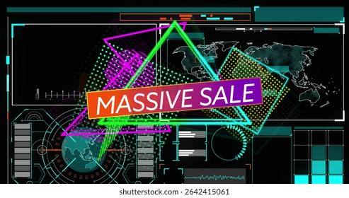 Displaying central neon gradient MASSIVE SALE banner glowing in UI, with HUD rings and world map. Futuristic, digital, interface, neon, geometric, visualization, technology