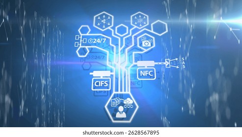 Displaying central network diagram glowing in virtual dashboard, with hexagonal protocol icons. Digital, futuristic, neon, technology, cybersecurity, visualization, data