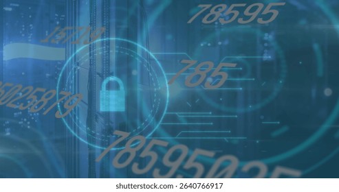 Displaying central padlock icon within HUD ring in data center, with numeric and circuit overlays. Cybersecurity, digital, technology, security, network, futuristic, data