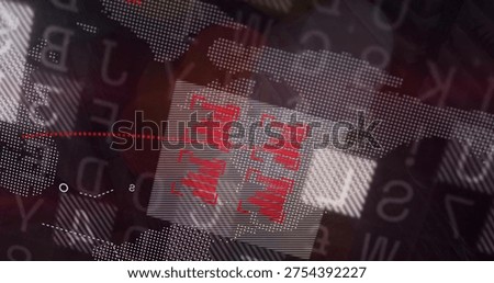Displaying central panel centering in broadcast backdrop, showing red markers and dashed line. Halftone, map, trajectory, glitch, layered, data, visualization