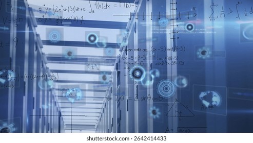 Displaying central server cabinets lining data center corridor, with holographic formula overlays. Technology, data, innovation, cybersecurity, networking, infrastructure, digital