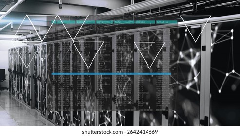 Displaying central server cabinets lining data center server room, showing LEDs and code overlay. Technology, data, cybersecurity, futuristic, network, digital, industrial