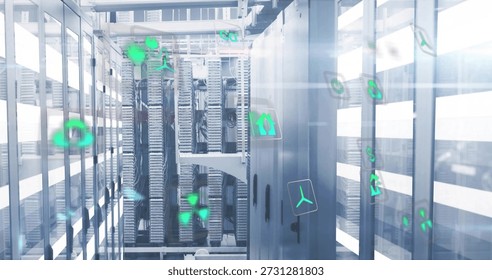Displaying central server rack corridor in data center, showing racks, cabling, switches, holograms. Futuristic, hightech, blue, neon, reflective, cabinet, facility