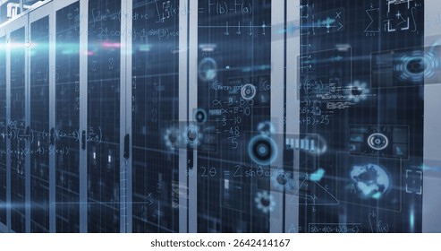 Displaying central server racks under blue lights in data center aisle, with floating data graphics. Technology, data, cybersecurity, digital, networking, innovation, futuristic