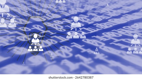 Displaying central user icon radiating hierarchy links on digital interface, with code backdrop. Technology, networking, visualization, digital, cyber, data, abstract