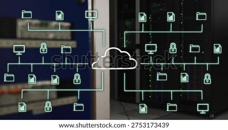 Displaying central white cloud overlay spanning server room racks, with teal lines, padlock icons. Datacenter, network, topology, security, storage, analytics, neon
