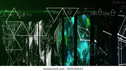 Displaying central white math formulas and green-blue mesh in digital interface, with network lines. Technology, innovation, data, visualization, abstract, futuristic, science