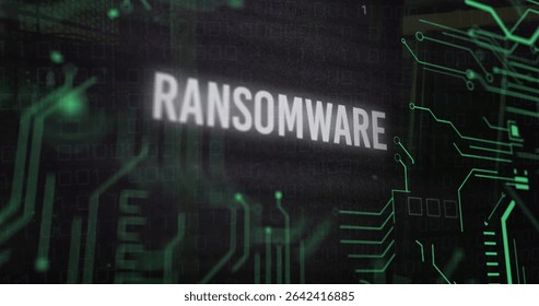 Displaying central white uppercase RANSOMWARE text on green circuit interface, with binary code. Cybersecurity, digital, technology, abstract, protection, network, encryption - Powered by Shutterstock - Get 15% off with code: PIKWIZARD15