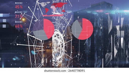 Displaying central wireframe globe over night city skyline, with pie charts, world map and overlays. Futuristic, data visualization, digital network, urban landscape, technological, analytical,